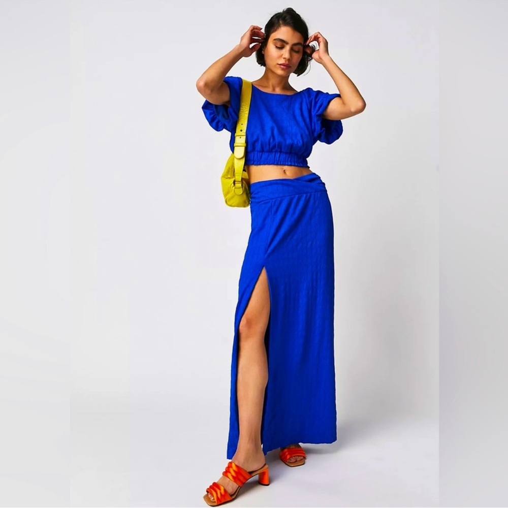 Free People 2pc Mazarine Blue Tovah Flutter Sleeve/Maxi Skirt Set Size Small